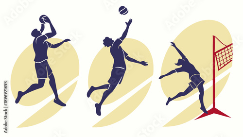 Volleyball Player Spiking Serving and Blocking Action Silhouettes for Sports Web Design Fitness Promotion and Athletic Event Graphics