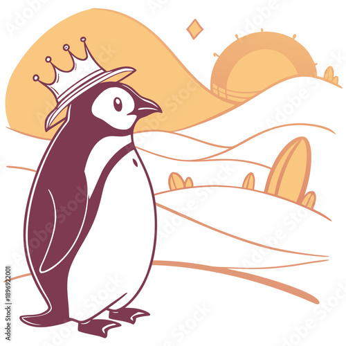 Charming SVG of a Shy Emperor penguin featuring with a tiny crown, styled in a Desert sunset theme with Sundown Glow hues