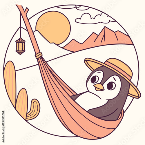 Vector illustration of a Surprised Emperor penguin with in a hammock, styled in a Desert sunset theme using Sundown Glow colors