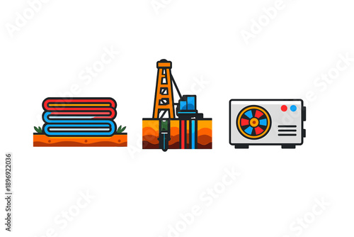 Set of Icons: Geothermal Energy, Drilling Rig, and Air Conditioner