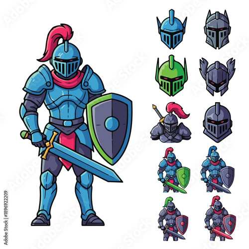 Blue Knight Armor Set with Swords and Shields.