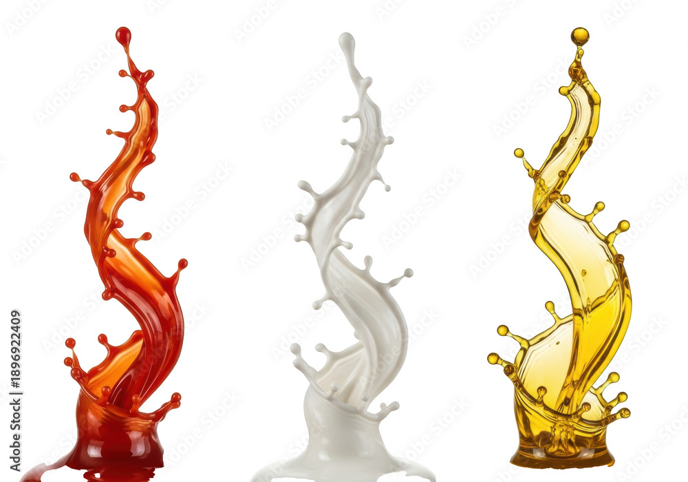 Obraz premium Three photorealistic, perfectly frozen splashes of viscous red, white, and yellow liquids with dynamic swirls and droplets on a transparent background. Concept of culinary creativity and freshness