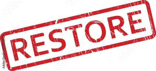 A vibrant red grunge textured rectangular stamp with the word RESTORE prominently displayed on a crisp white background