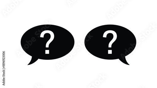 Two black speech bubbles each containing a white question mark