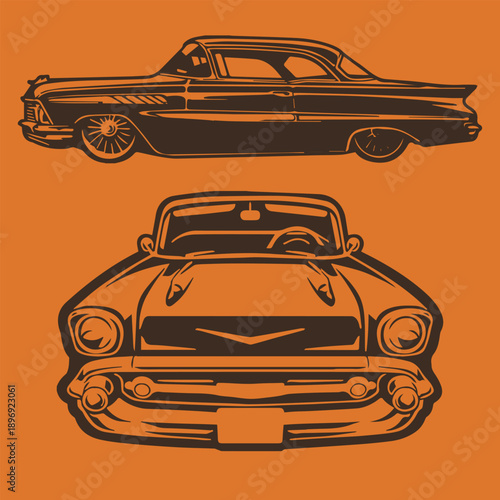  Retro Automotive Art Front and Side View of a '57 Chevy Style Car Silhouette.