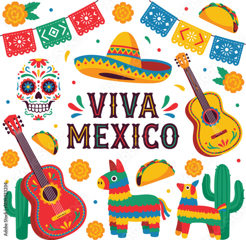 Vibrant Viva Mexico culture illustration with sombrero, guitar, and cactus, celebrating Mexican heritage