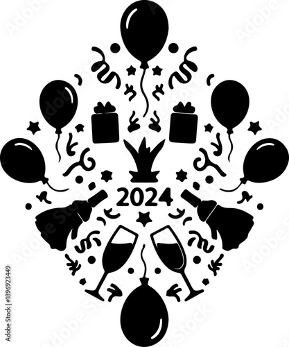 Happy New Year 2024 celebratory graphic with balloons, champagne, and confetti