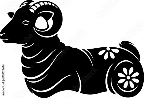 Ram zodiac sign symbol, black silhouette of a ram with ornate decorative elements