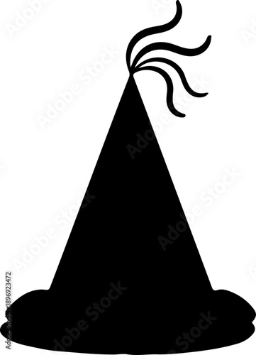 Black silhouette of a festive party hat with streamers, perfect for celebrations and events