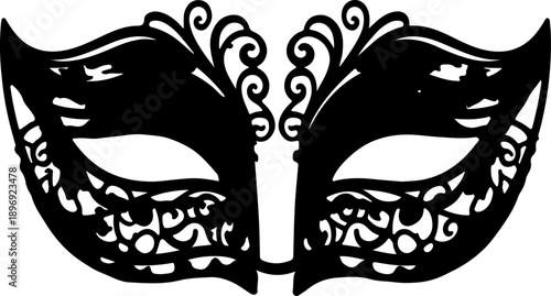 Elegant black ornate masquerade mask on white background for costume party or Venetian event
