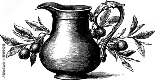 Vintage decorative jug with botanical motif in classical form engraving for retro design