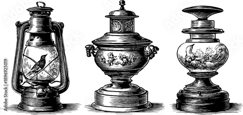 Ornate vintage oil lamps with botanical engravings - decorative antique design for interiors