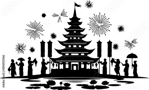 Traditional Asian Festival Celebrations with Temple and Fireworks Display