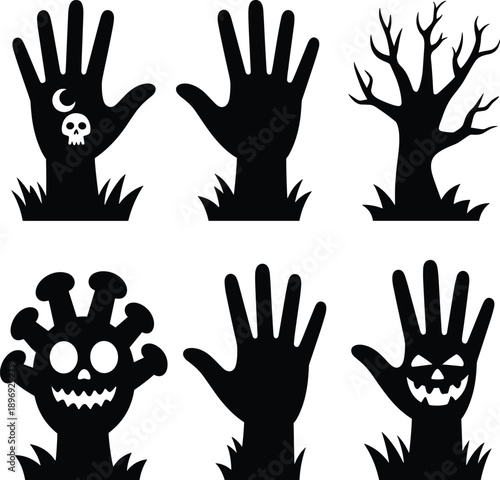 Halloween, spooky, silhouettes, hands, skull, zombie, monster, tree, scary, horror, creepy, dark, black, white, isolated, vector, illustration, icons, set, collection