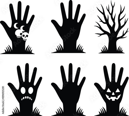 Halloween, spooky, silhouettes, hands, zombie, grave, tree, skull, pumpkin, scary, horror, dark, creepy, black, white, isolated, vector, illustration, icons, collection