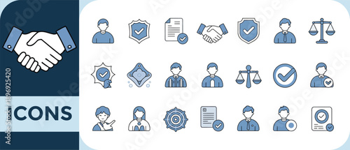 Legal icons set featuring handshakes justice symbols and agreement illustrations