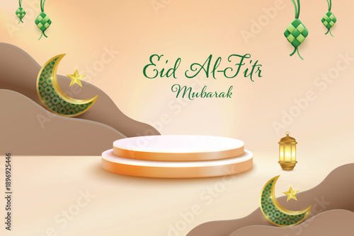 Foto Eid Al-Fitr Festival Celebration With Crescent Moon and Hanging Lanterns