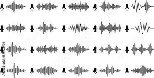 Audio Waveform and Microphone Icon Grid Display Featuring Diverse Signal Patterns and Recording Symbols for Sound Design and Voice Technology