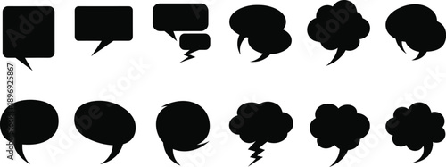 Comic Speech and Thought Bubble Silhouettes Collection Featuring Rectangular, Cloud-Like, Elliptical, and Emphasis Designs for Visual Storytelling