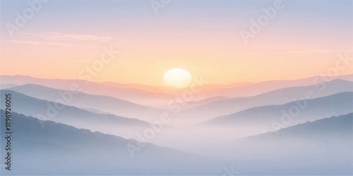 A breathtaking panorama of misty mountains at sunrise reveals a snowy winter forest and deep valley under a glowing blue sky filled with morning clouds and golden light