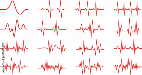 Red Signal Waveform Grid Display Featuring Diverse Oscillation Patterns, Amplitude Variations, and Frequency Shapes for Audio and Scientific Analysis