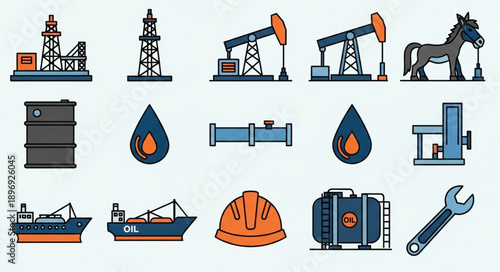 Oil Industry Equipment and Symbols Vector Icons Set.