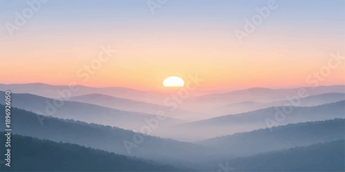 A beautiful mountain landscape transitions from the orange glow of a morning sunrise over the forest to a serene evening sunset as clouds and blue fog drift through the sunlit valley