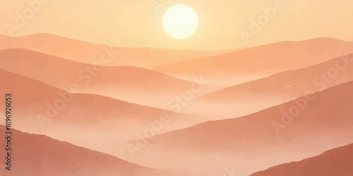 Abstract vector illustration of a desert sunset featuring orange and yellow gradient waves and sun lines on a sandy nature landscape backdrop with curved clouds and light sky pattern design