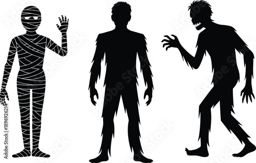 Halloween, horror, silhouettes, characters, mummy, monster, zombie, scary, spooky, fantasy, creatures, dark, black, white, isolated, vector, illustration, halloween, set, collection