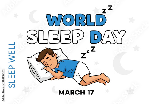 World sleep day illustration with boy sleeping on pillow