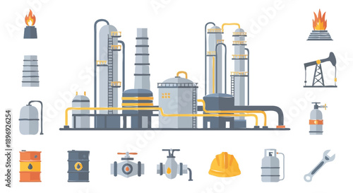 Oil refinery industrial complex with equipment icons.