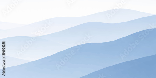An abstract blue background with waves flows over a misty mountain landscape where winter snow peaks meet a soft sunset sky and fog-filled forest valleys