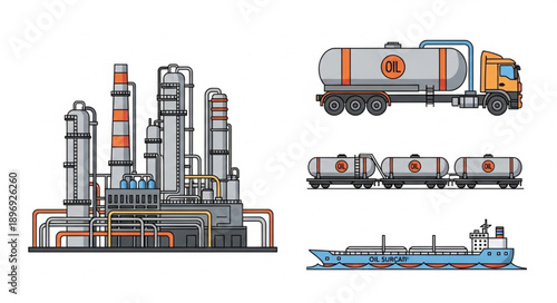 Oil refinery industrial complex with transportation vehicles.