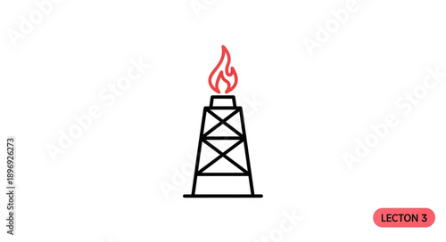 Oil rig flare stack with flame burning gas industrial icon.