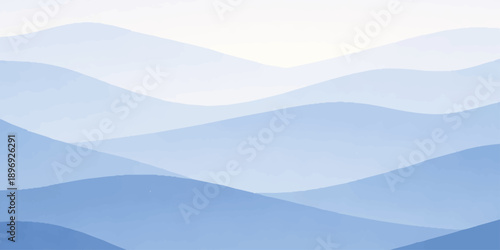 Vector illustration of a blue mountains landscape featuring a misty valley and forest silhouettes under a hazy sunrise sky with morning clouds over the horizon range