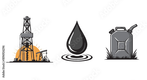 Oil rig pumpjack and gas can illustration.