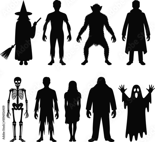 Horror, fantasy, silhouettes, characters, monsters, witches, ghosts, zombies, skeleton, spooky, halloween, people, dark, scary, black, white, isolated, vector, illustration, collection