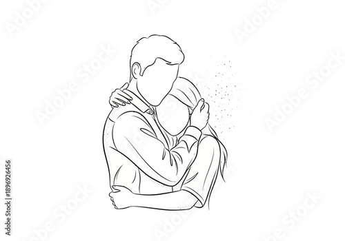 Line art drawing of couple hugging tenderly