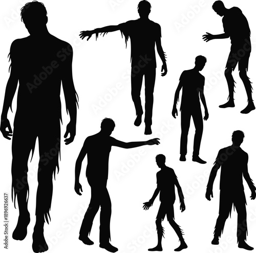 Zombie silhouette pose collection, undead human figures, horror monster actions, spooky Halloween concept, black isolated vector illustration set