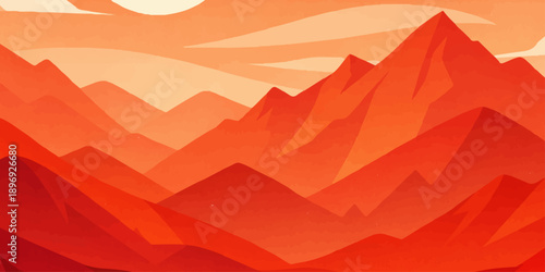 Vector illustration of an abstract mountain landscape featuring a sunset sky with a silhouette of hills and clouds over a desert nature scene in an orange art style