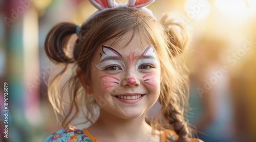 Child wearing bunny ears and face paint smiles joyfully outside. Her colorful floral top and bright sunny background add to the cheerful vibrant atmosphere.
