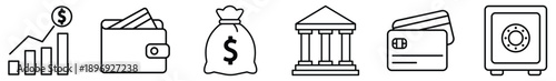 Finance and Banking Line Icons Set: Investment, Wallet, Money Bag, Bank Building, Credit Cards, and Safe Vault