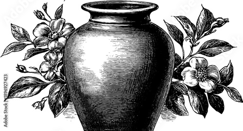 Vintage botanical engraving of decorative urn with floral motif for interior design