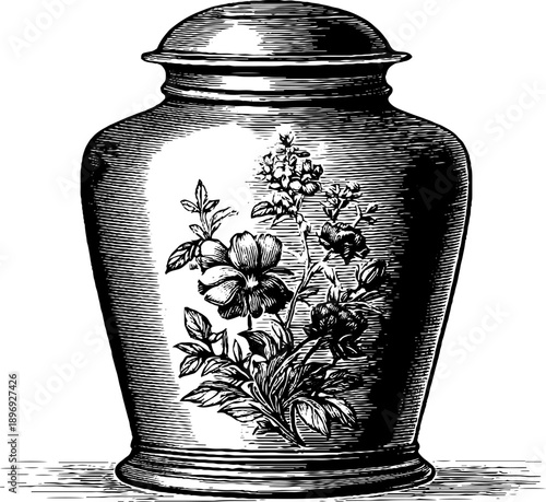 Decorative vintage botanical urn design with engraved floral pattern for interior decoration and art projects