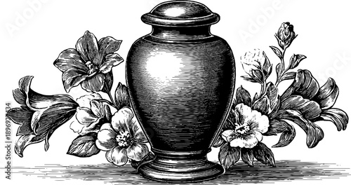Vintage decorative urn with botanical motif in hand-drawn engraving style for interior decor