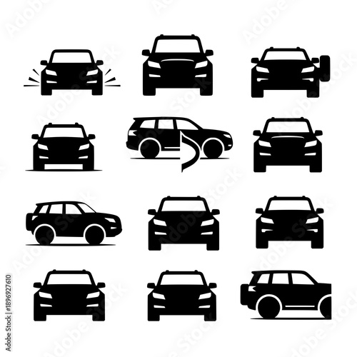 Flat black SUV icon vector set with front, side, and rear views on white background