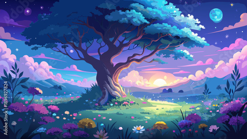 Very beautiful majestic tree standing in a moonlit meadow filled with colorful wildflowers, soft mist, and glowing night sky, creating a mystical and serene fantasy landscape.