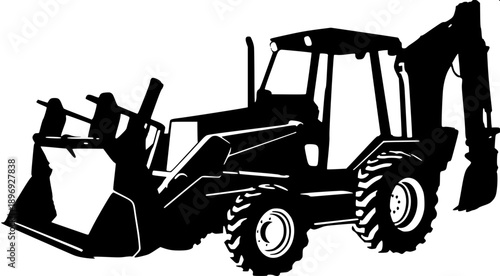 Backhoe loader vector illustration, black and white, detailed construction machine, flat vector style, white background