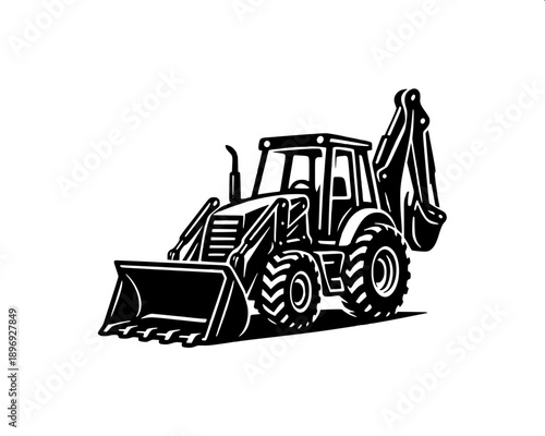 Backhoe loader vector illustration, black and white, detailed construction machine, flat vector style, white background