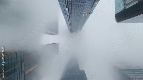 Tall skyscrapers emerging through dense morning fog